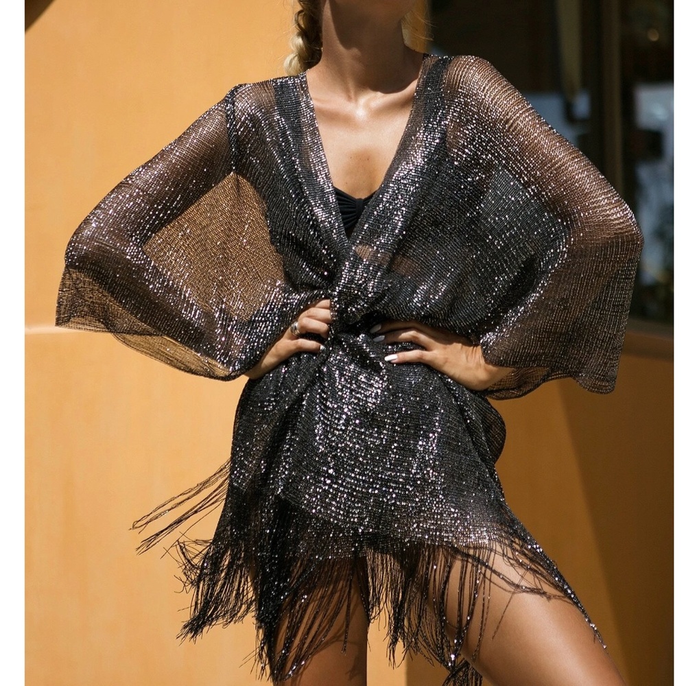 Metallic Fringe Tassel Hem Beach Swim Coverup